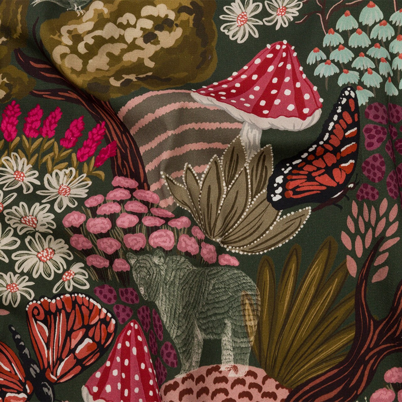 1 Yard Stretch Cotton Twill Print Fabric Red Green Mushroom Flower Nature Design 59 inch Width